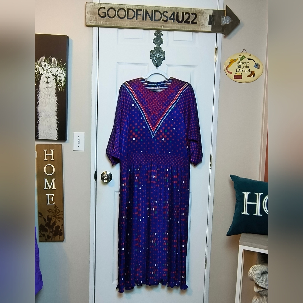 Diane Freis vintage Polka Dot Striped pleated Ruffled Midi Dress See Measurement